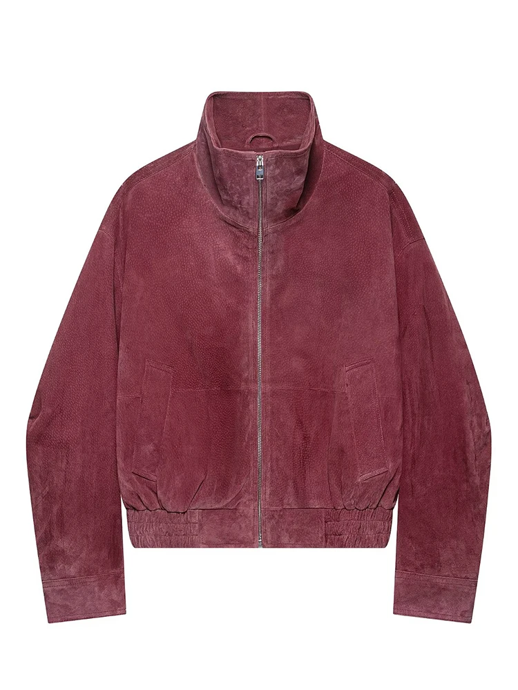 Fanan Casual Burgundy Leather Bomber Jacket For Women’s Vintage Autumn Stand Collar Zip-Up Ribbed Hem Flight Coat Streetwear