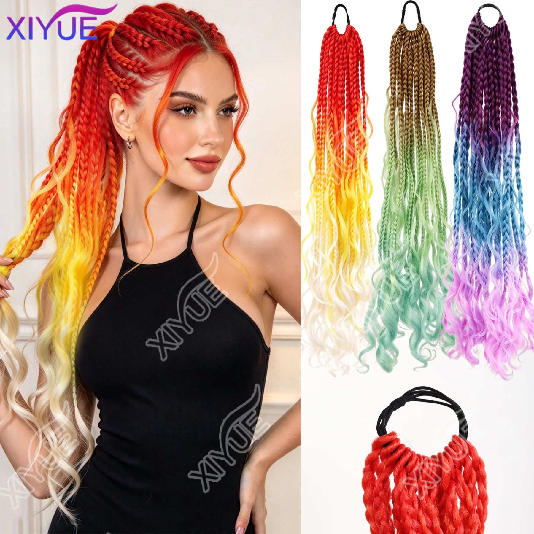 XY Bohemian Curly Braided Ponytail Wig, Synthetic Hair Extensions With Elastic Band Flower Tassel for Cosplay & Festival Party