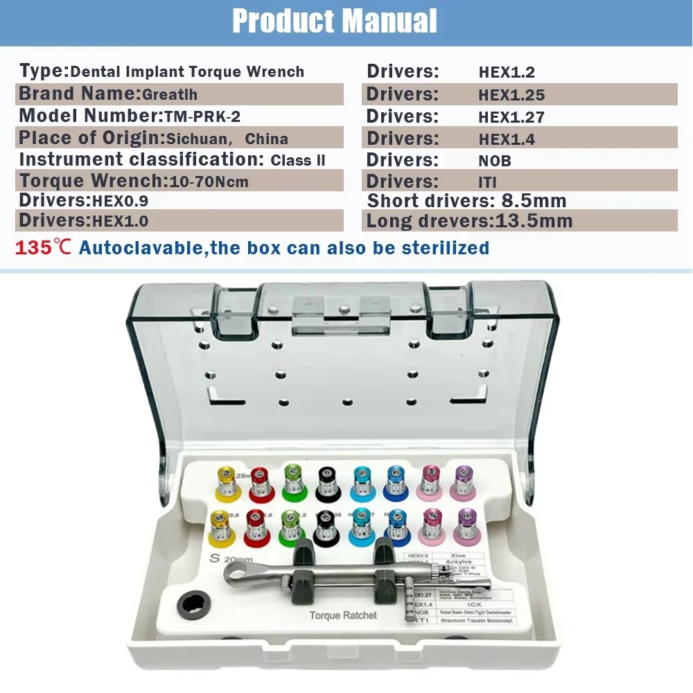 

Dental Lab Torque Wrench 15-60Ncm Implant Screwdriver Kit with Sterilizable Box Prosthetic Hand Driver Tools