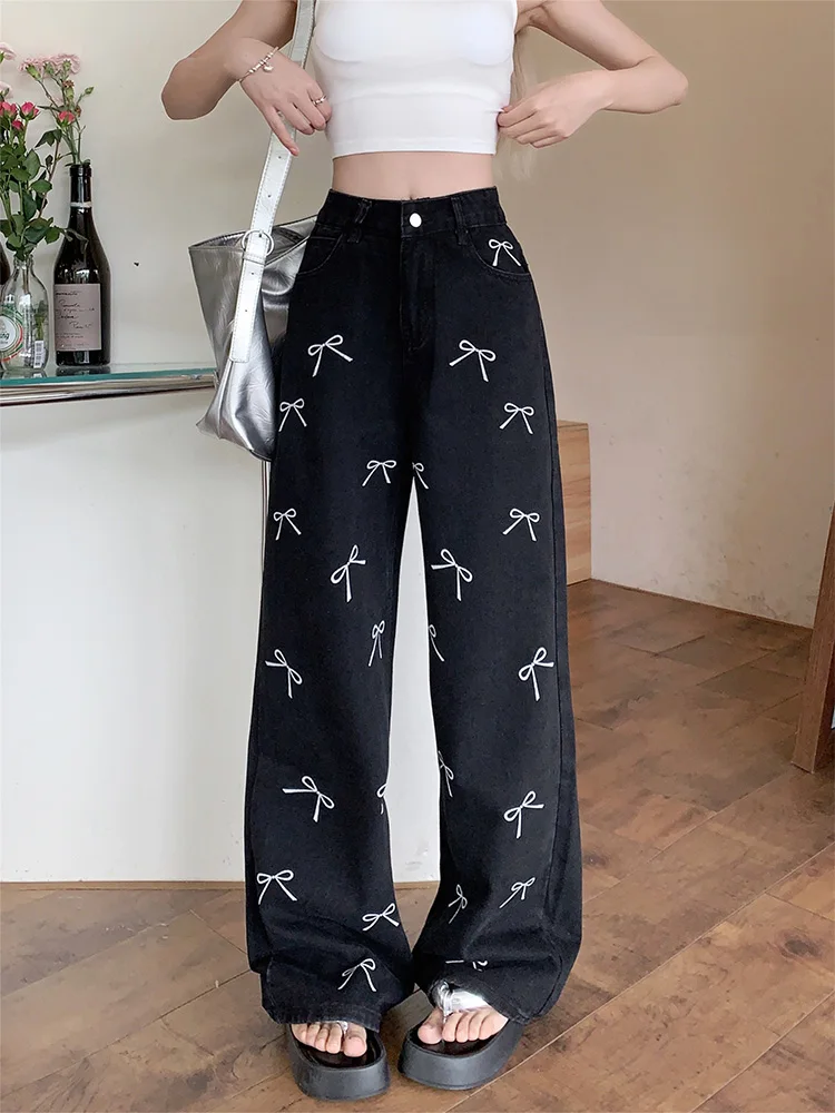 

Embroidery Bow Black Jeans High Waist Women Denim Pant Loose Straight Trouser y2k fairycore 2000s grunge aesthetic korean cloth