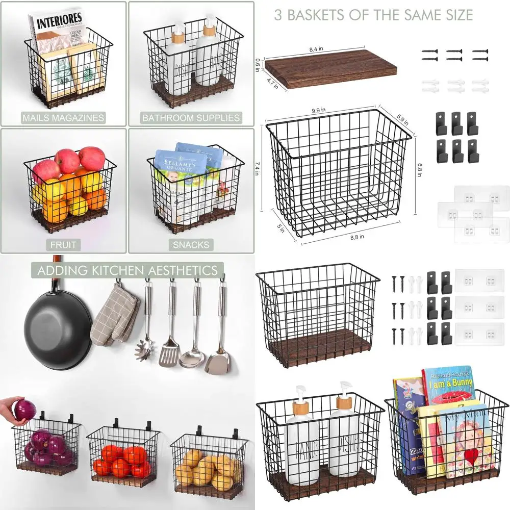 

Настенные корзины, 3 шт., разнообразные проволочные полки-корзины под дерево, с крючками для крепления на стену и самоклеящимися стикерами, для кухни
