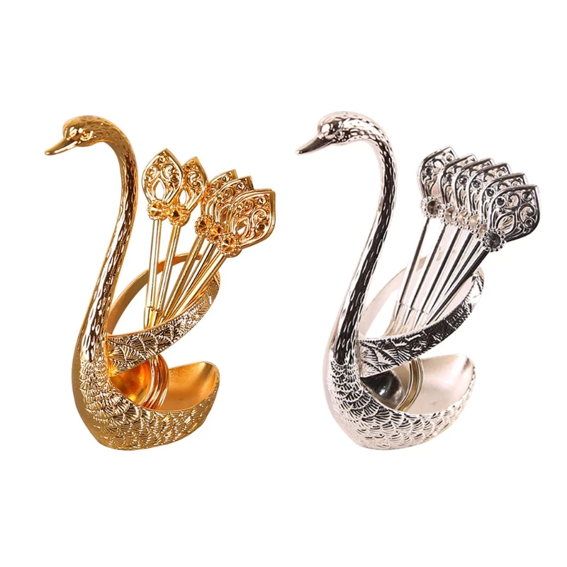 Exquisite Swan Shape Base Holder with 6 Pieces Coffee Spoons Set Golden/silver Dinnerware Kit for Guests Entertaining