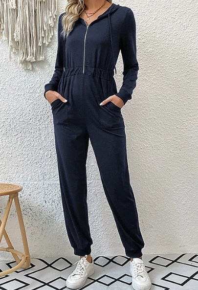 Women's Jumpsuit Fashion Casual Solid Color Half Zipper Hooded Long Sleeve Cinched High Waist Cuffed Pants Workwear Jumpsuit