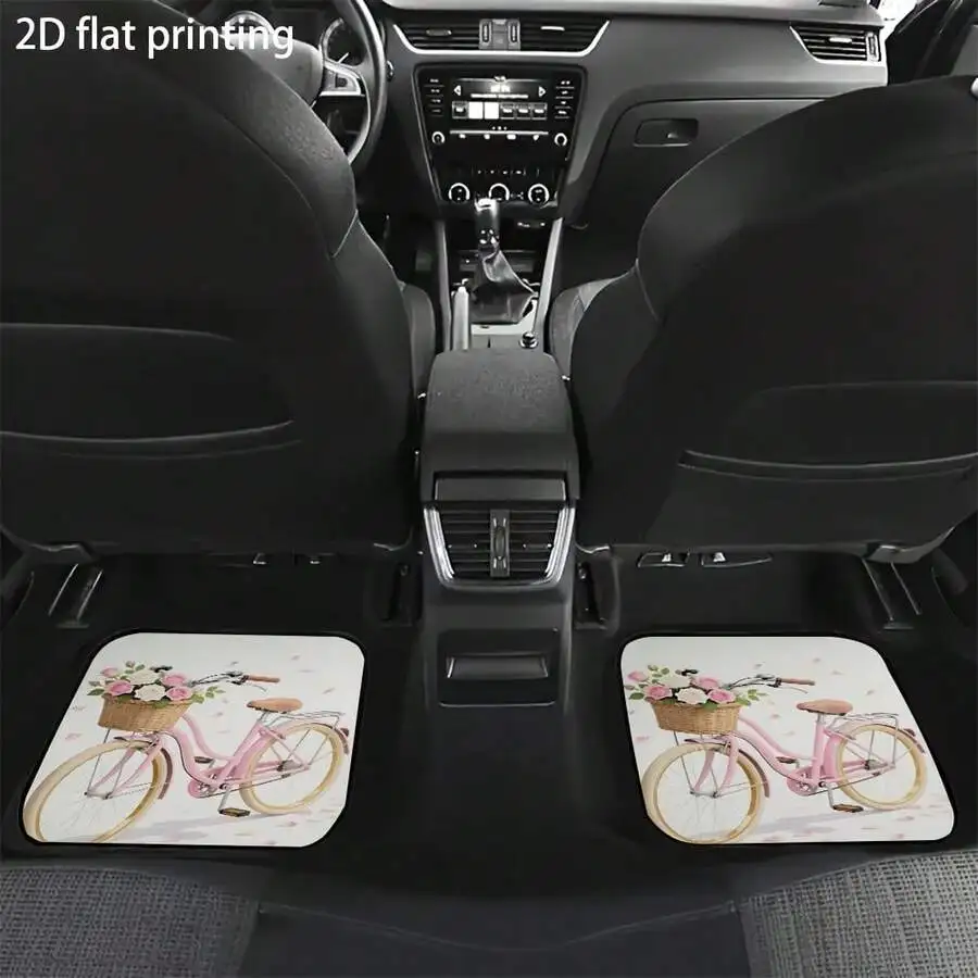

4pcs Car Floor Mats Pink Bicycle With Flower Basket Pattern Universal Washable Interior Accessories