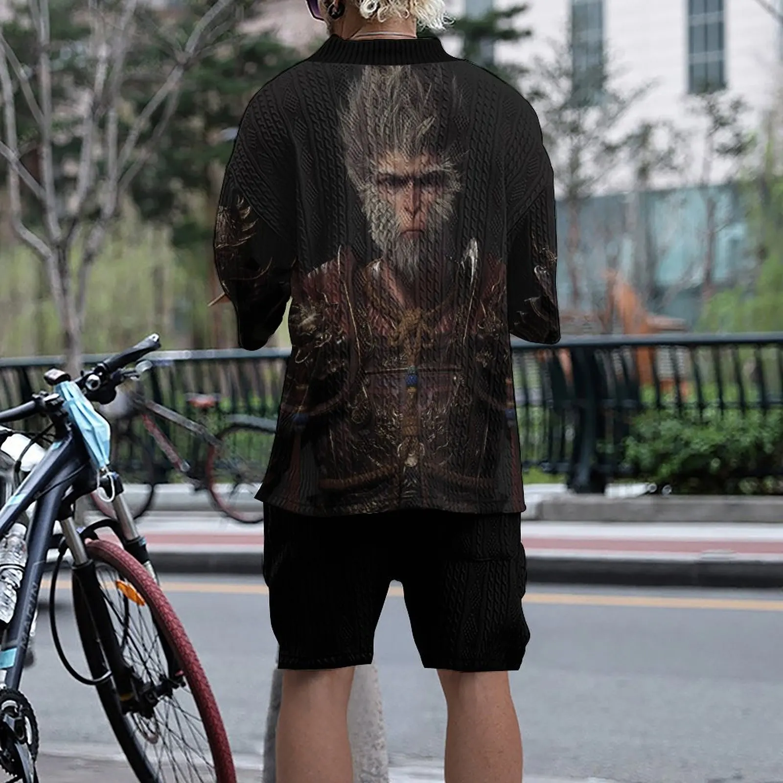 3D Digital Printed Men's Suit Black Wukong Personality Chinese Style V-neck Half-sleeve T-shirt And Shorts Two-piece Set