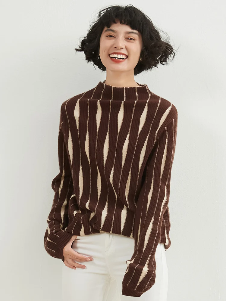 Women's Semi-High-Necked Cashmere Sweater, Pullover, Color Matching, Knitted Wool, Bottoming Thick Sweater, Autumn and Winter