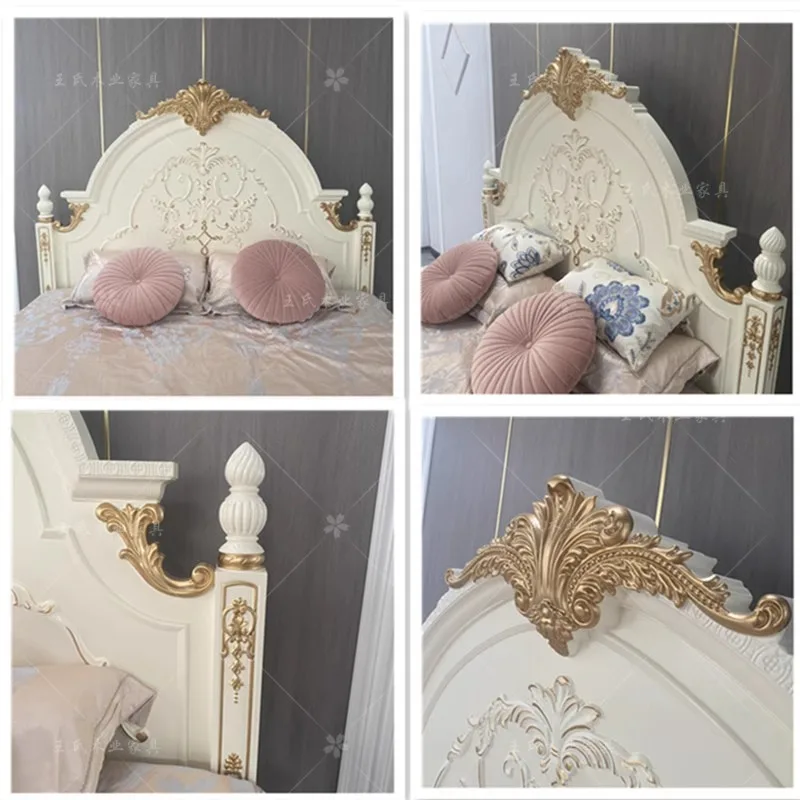 غرفة نوم رئيسية فرنسية كلاسيكية من الخشب الصلب منحوتة باللون الذهبي بطول 2 متر سرير زفاف أوروبي مزدوج بقعة سرير الأميرة الأمريكية