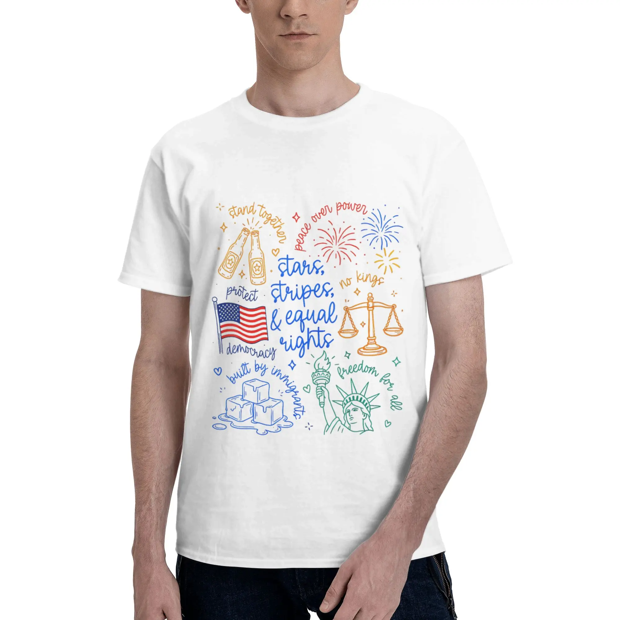 Stars Stripes & Equal Right Doodle USA Political Liberal Men's T-Shirt Clothes  Cool Tees Short Sleeve fugees 100% Cotton