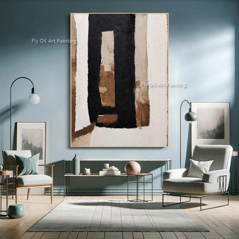 Original Beige Black Abstract Artwork On Canvas Simplism Style Hand Painted Brown Beige Oil Painting For Room Hall Wall Decor
