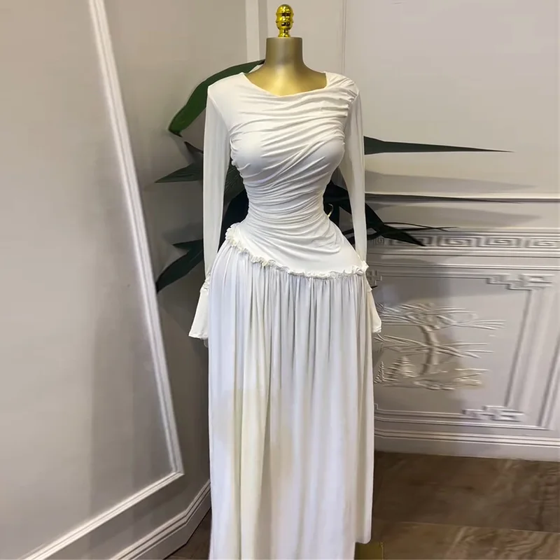 

New temperament pleated slim fungus edge horn sleeve long dress fashionable simple versatile temperament elegant holiday style h