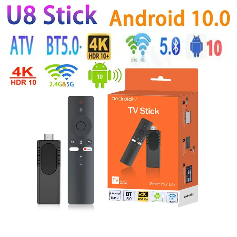 2024 U8 TV Stick Android 10.0 TV Box HDR H313 Wifi BT5 smart TV 2.4G 5G 4K HD smart TV BOX Voice Remote Set TOP Box