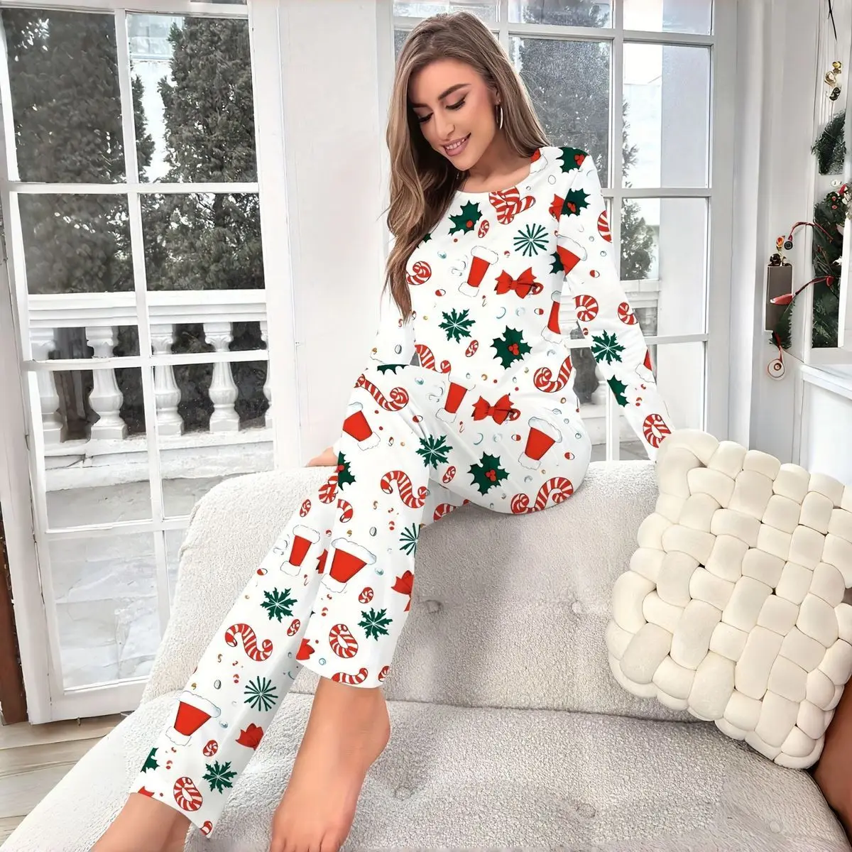 Women Christmas Pajamas Set Long Sleeve Top Flare Pants Candy Cane Print Sleepwear Holiday Home Loungewear Two Piece Outfit