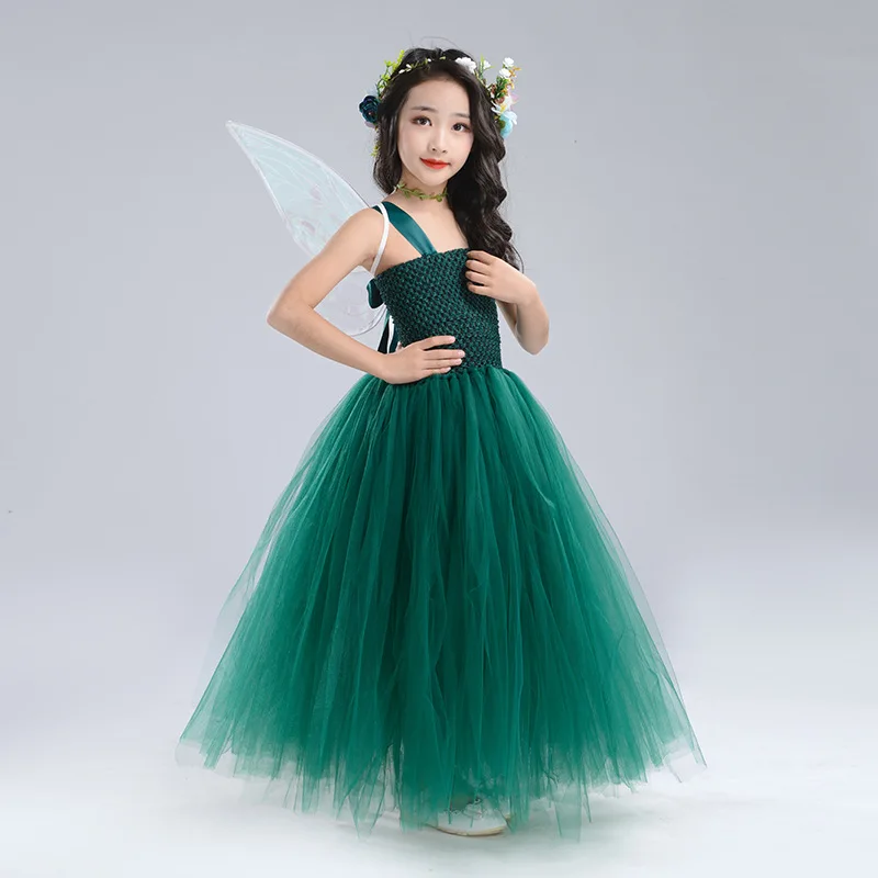 Girls dark green dress  skirt children's catwalk costume fairy skirt piano host dress elf performance costume