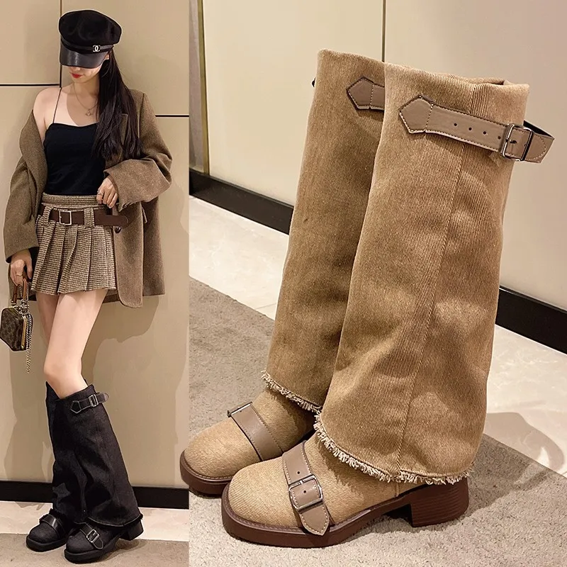 2024 New Fashion All-match Thick Heel Knight Boots Small Fragrant Wind Round Head High Tube Comfortable Sleeve Pants Boots