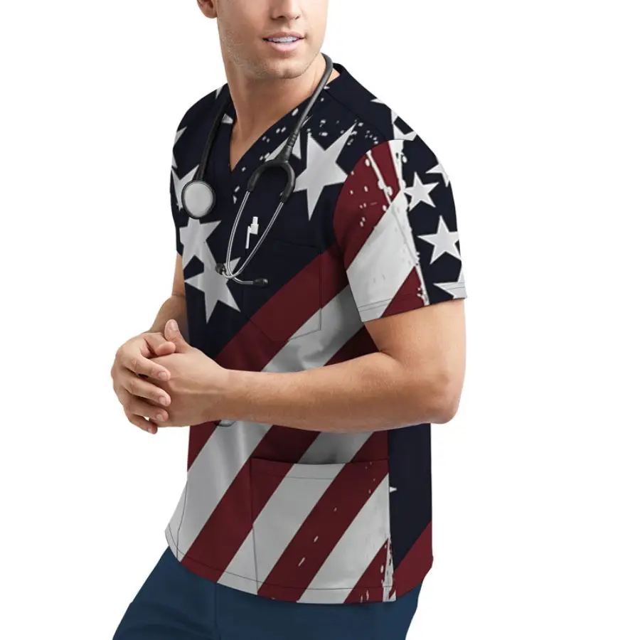 Ropa de trabajo transpirable con cuello en V para hombre, ropa de trabajo retro americana vintage vintage con elementos de bandera americana, novedad de verano