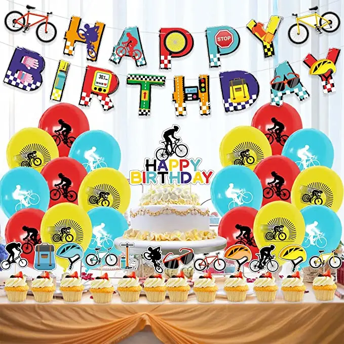 Fahrrad-Geburtstagsparty-Dekorationen, Fahrrad-Latex-Luftballons für Kinder, Geburtstag, Babyparty, Hochzeitstorte, Topper, Banner, Partyzubehör – Detail 8