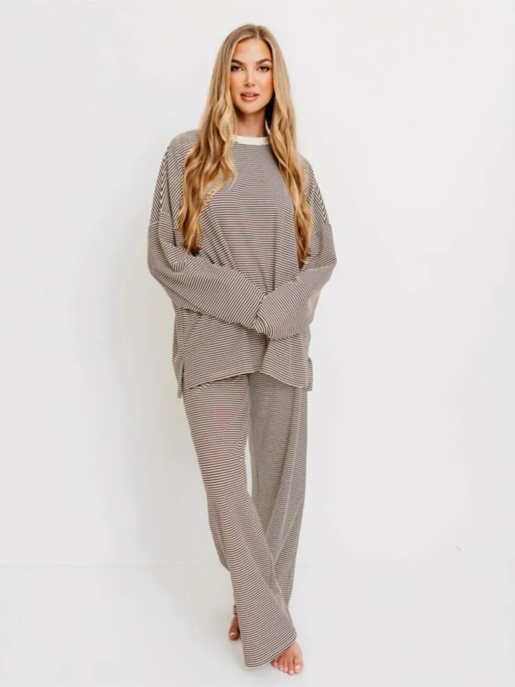 

Striped Print Pajamas Two-piece Set For Woman Spring Autumn Fashion O-neck Loose Tops Pants Suits Ladies Comfort Nighty Outfit
