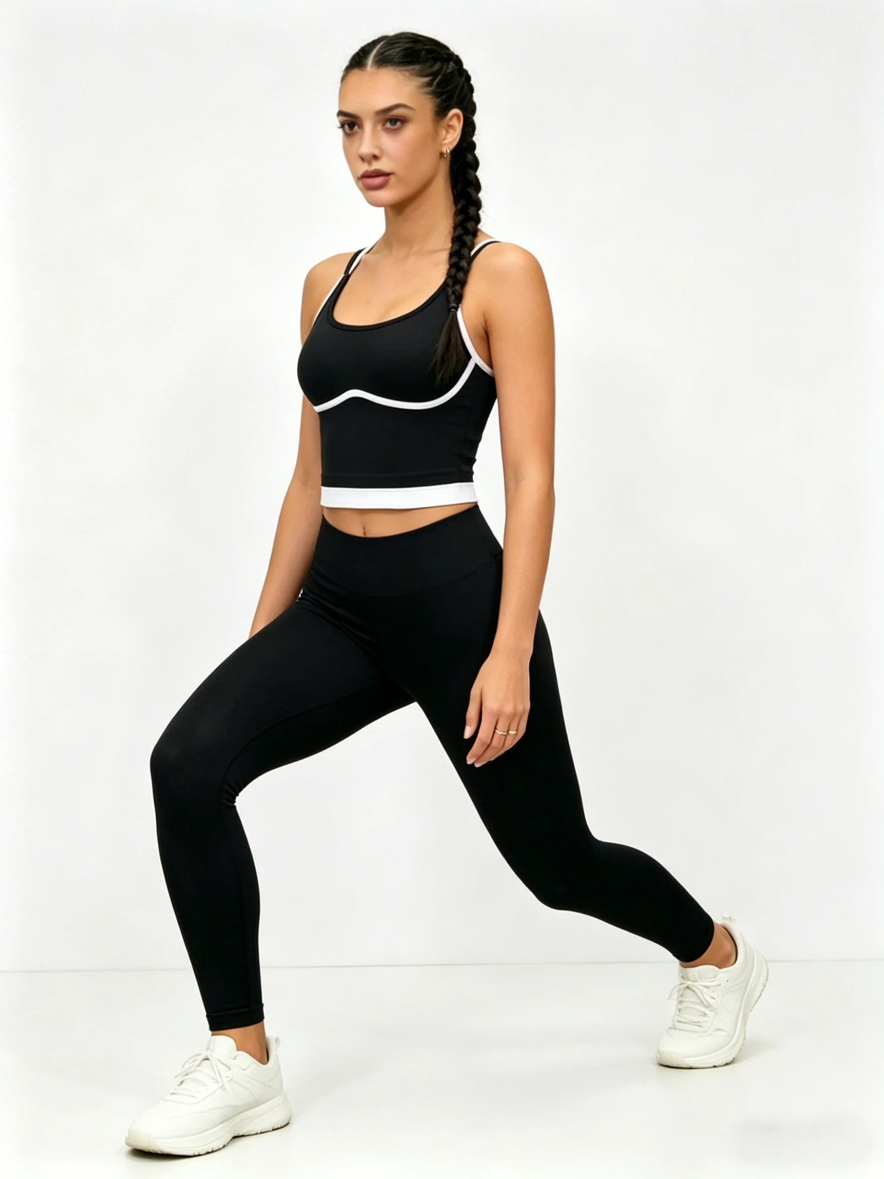 Women's Yoga Set 2 Piece Black White Contrast Sports Tank Top & High Waist Leggings Workout Gym Fitness Activewear Tracksuit