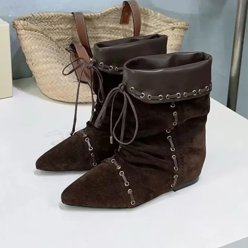 Pointed Toe Flat Mid Calf Boots Women Kid Suede Cross Tied Design Short Boots Ladies Autumn Winter Western Cowboy Boots Mujer