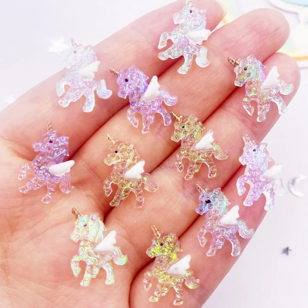 10pcs Resin Glitter Kawaii Mini Colorful Pegasus Unicorn Flatback Rhinestone Nail Art Figurine Applique DIY Scrapbook Decor OL76
