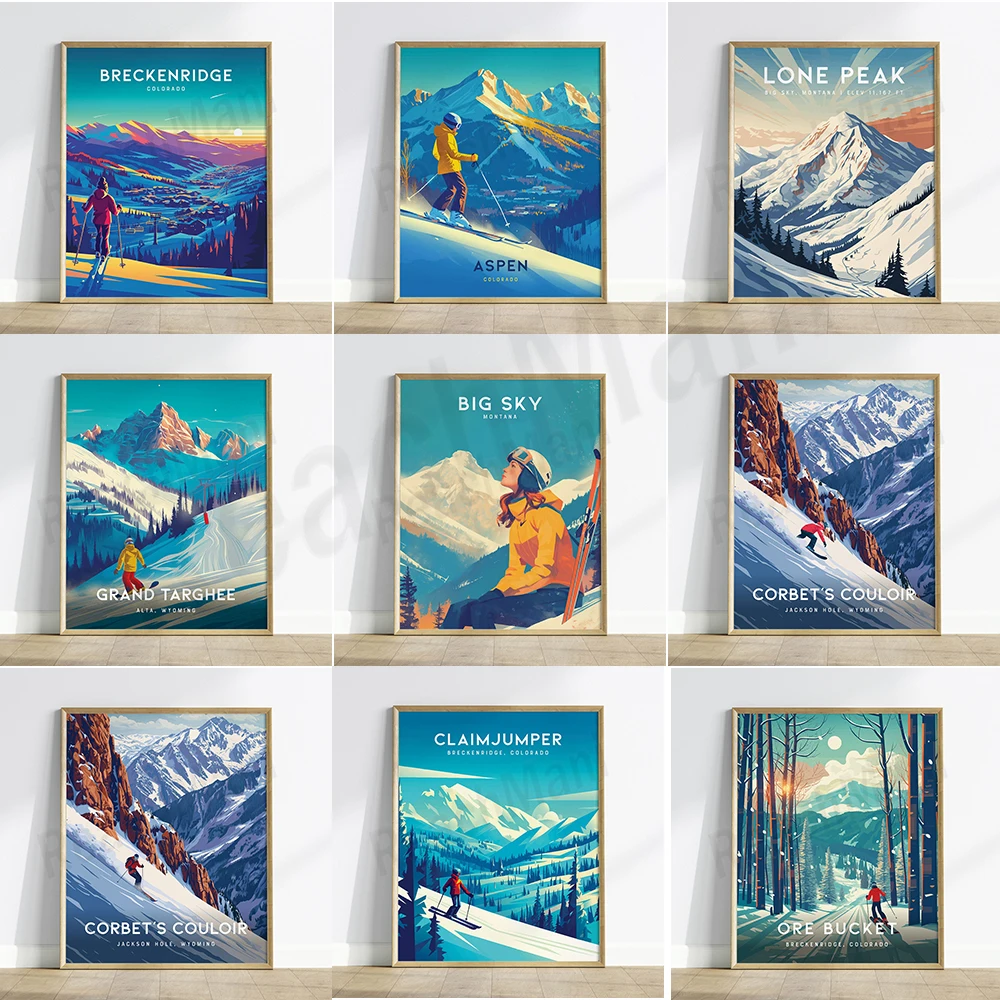 Lone Peak Montana mountain skiing, Aspen Mountain Colorado, Alta, Breckenridge Wyoming, mountain ski resort snowboarding poster