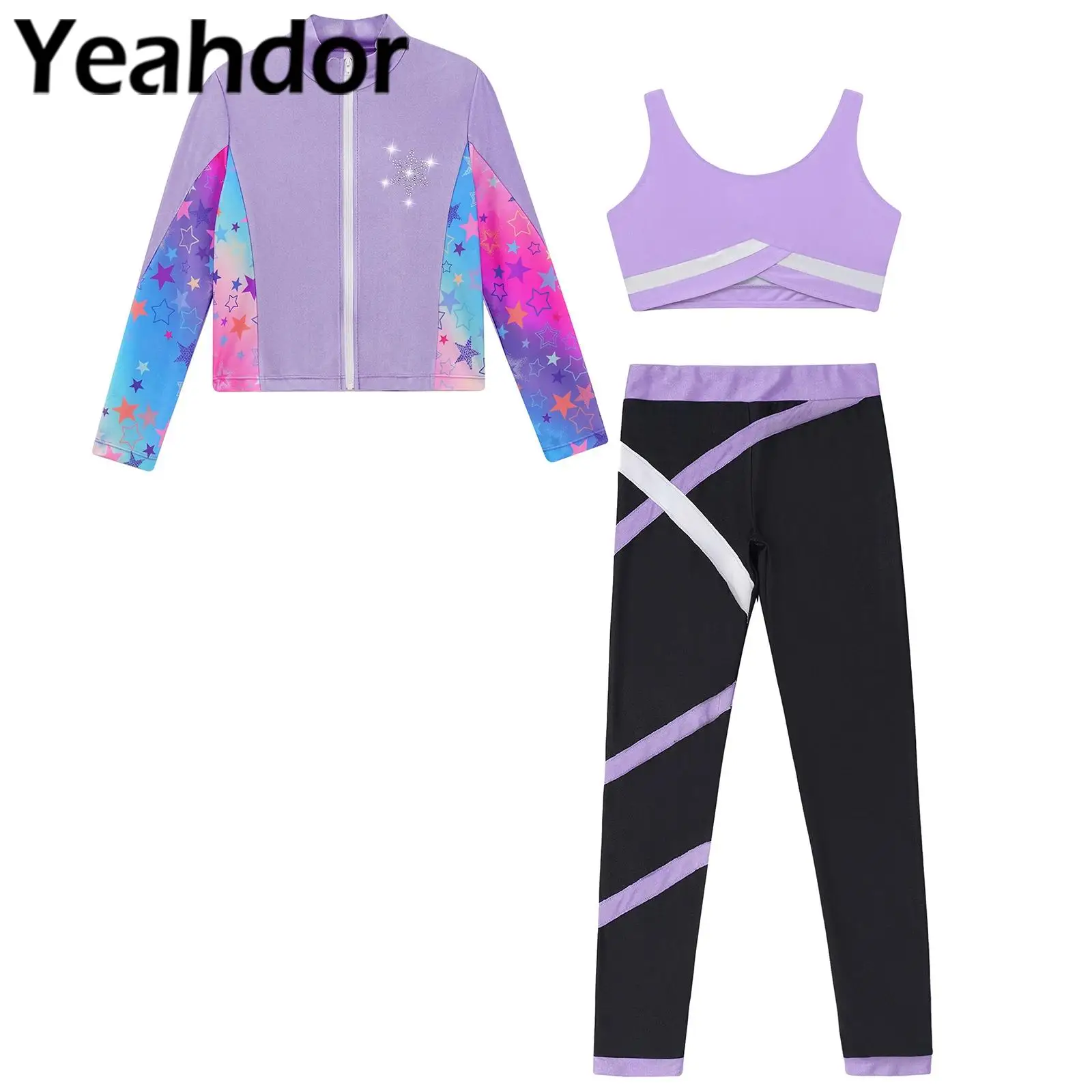 Kids Girls Sports Tracksuits Ballet Dance Outfits Long Sleeves Athletic Shirt with Vest Tops Leggings Gymnastics Fitness Suit