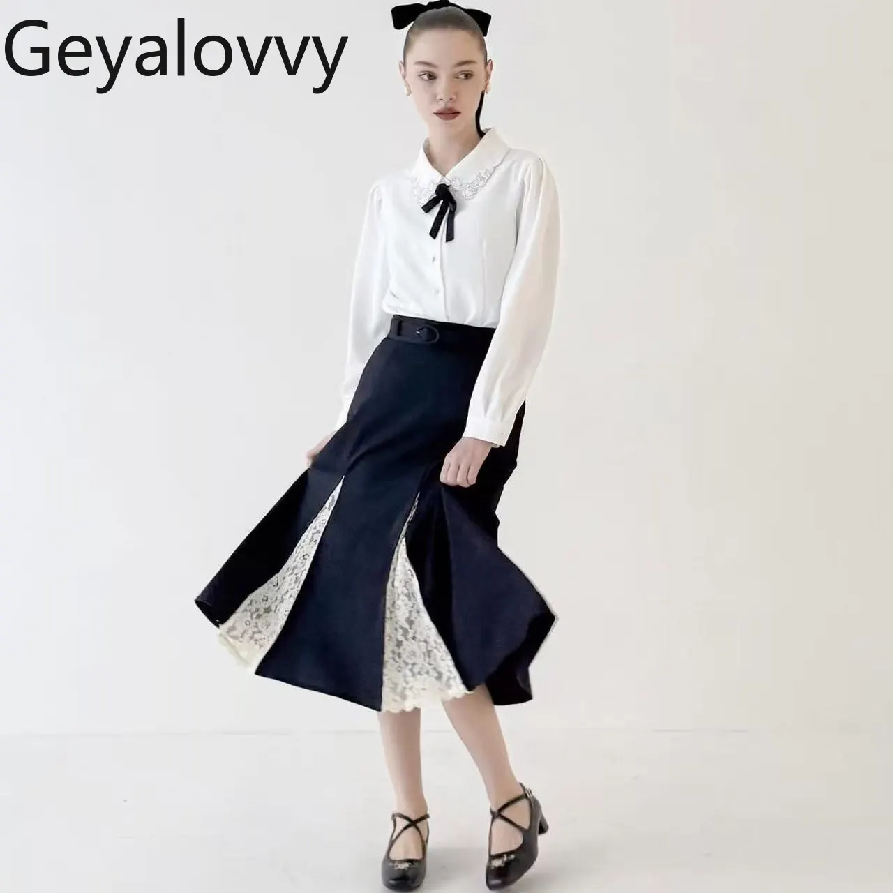 

Японский ретро-стиль, милая эластичная универсальная длинная юбка с высокой талией, утягивающий пояс, кружевные лоскутные однотонные юбки средней длины