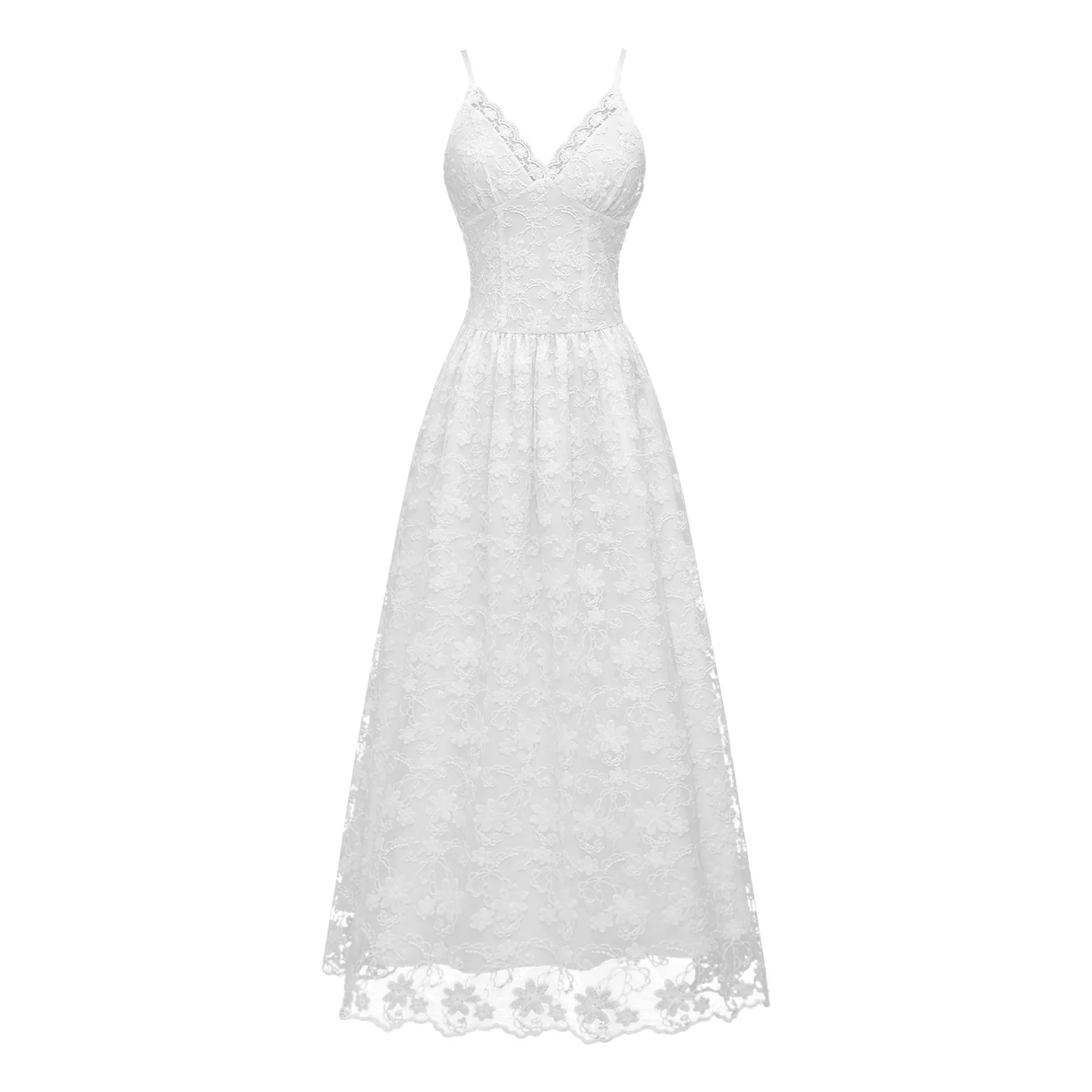 Abito lungo da donna ricamato in pizzo floreale con scollo a V a vita alta Big Swing Slim Fit A-line Sling Abiti Abito Boho Beachwear