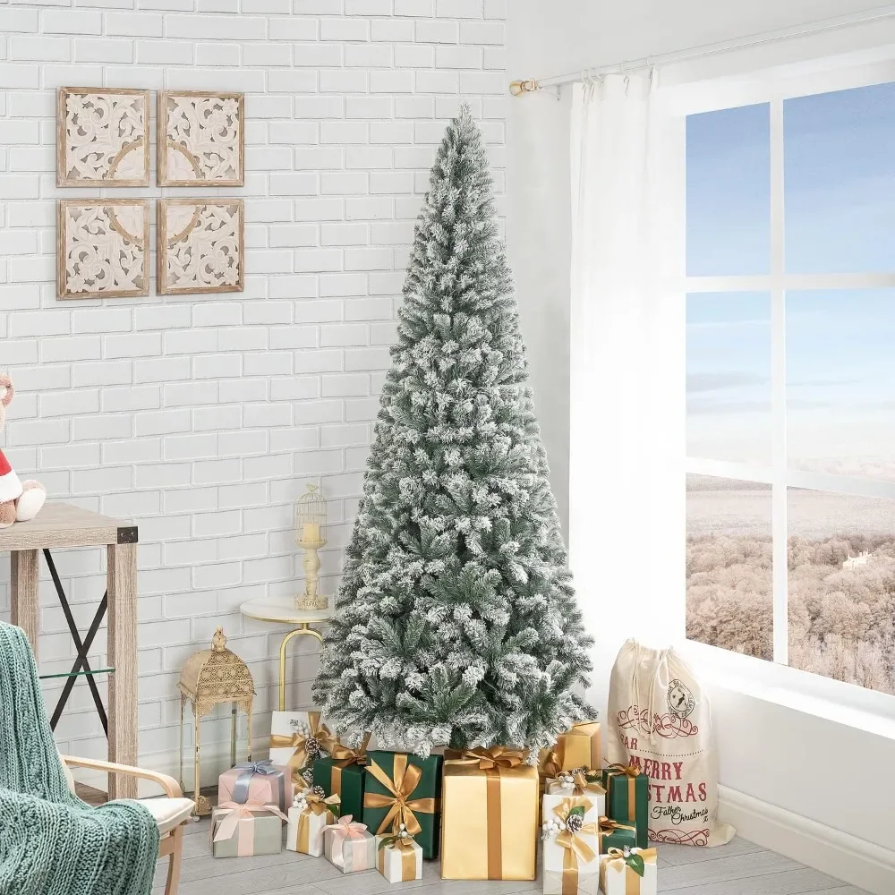 

9ft Frosted Prelit Slim Artificial Christmas Tree with 1455 Branch Tips, 500 Warm Lights and Metal Stand