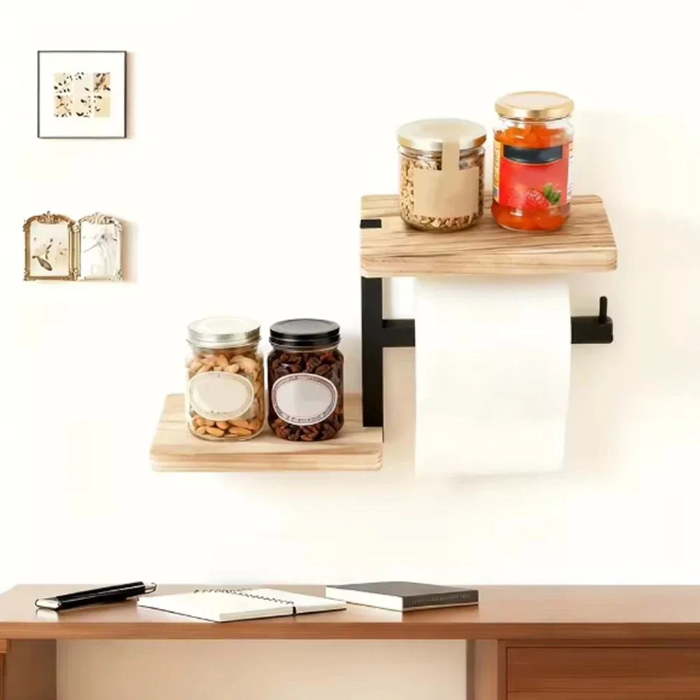 

Wooden Wall Mounted Toilet Paper Holder Space Saving High Load-bearing Countertop Organizer Stable Toilet Paper Storage Rack