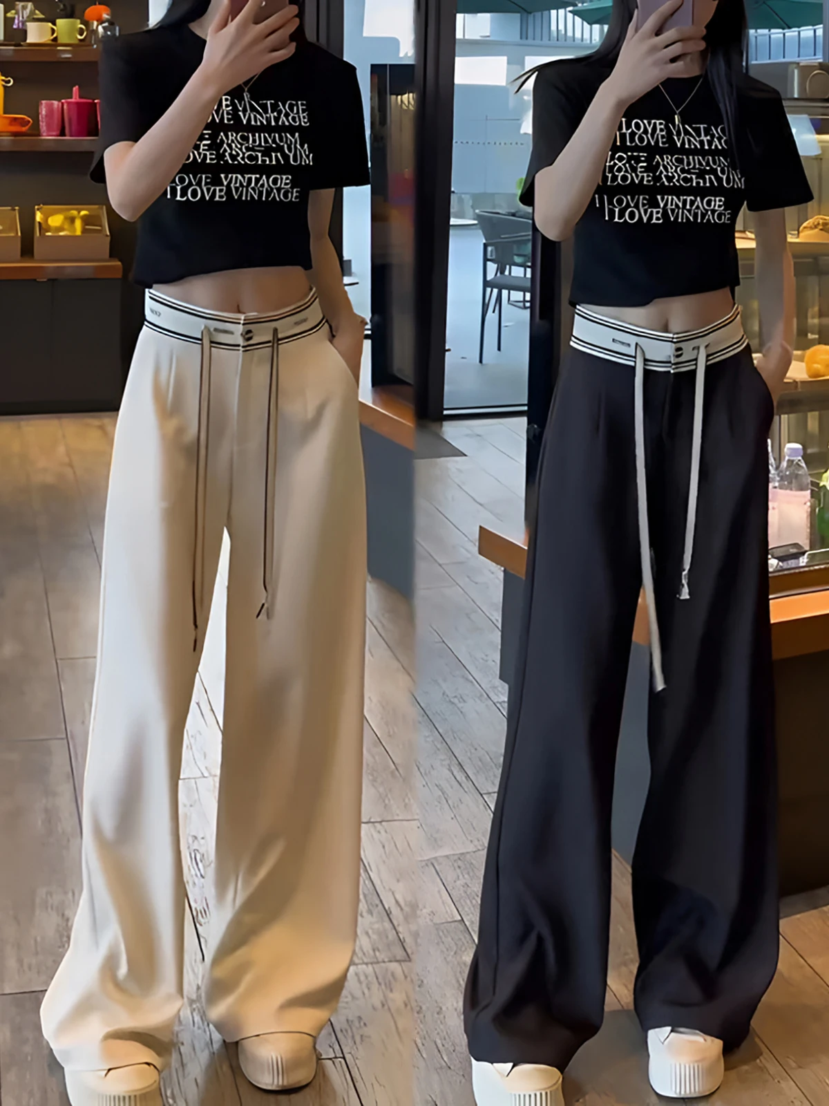 2025年夏 ハイウエスト ワイドレッグパンツ レディース カジュアル ルーズフィット ストレート マキシ丈パンツ 多機能 カジュアルパンツ