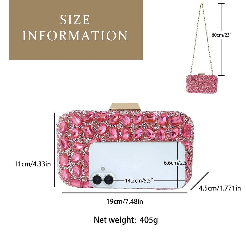 Pink Crystal Clutch Bags Women's Luxury Full of Diamonds Shiny Evening Bag Banquet Blingbling Rhinestone Handbag Party Purse