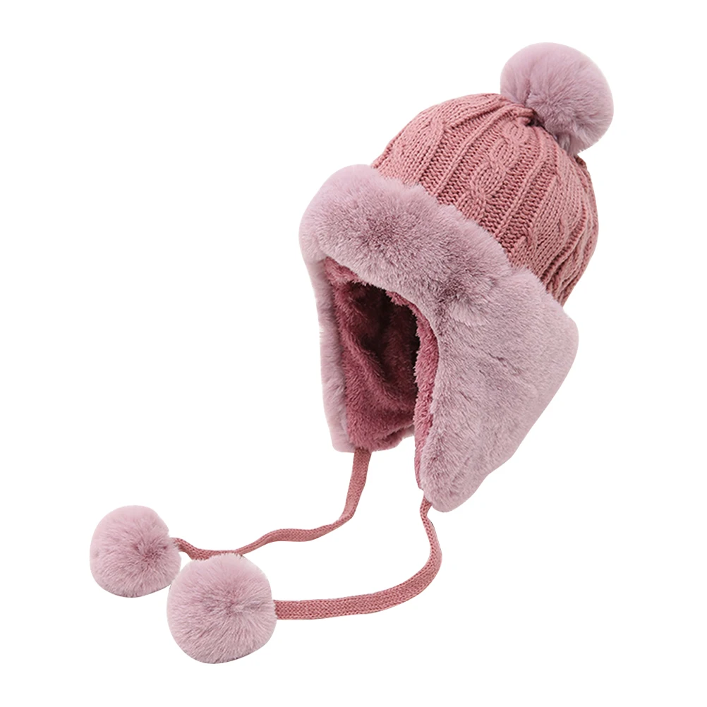 

Knitted Hat Earflap Cap Winter Warm Adults Headwear Earmuff Color Pom Pom String Design Suitable Autumn Winter