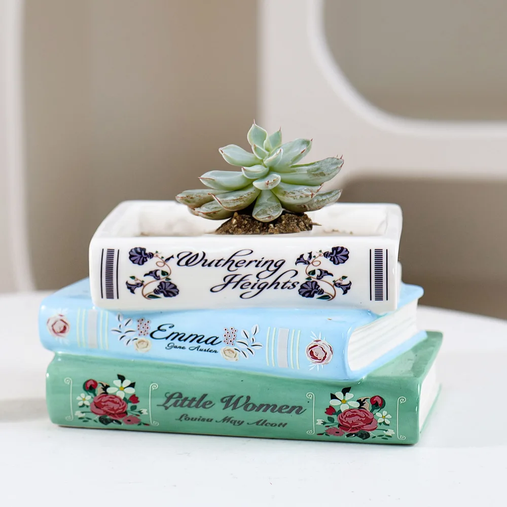 Novelty Ceramic Stackled Book Plant Pot Modern Living Room Book Vase for Flowers Succulent Planter