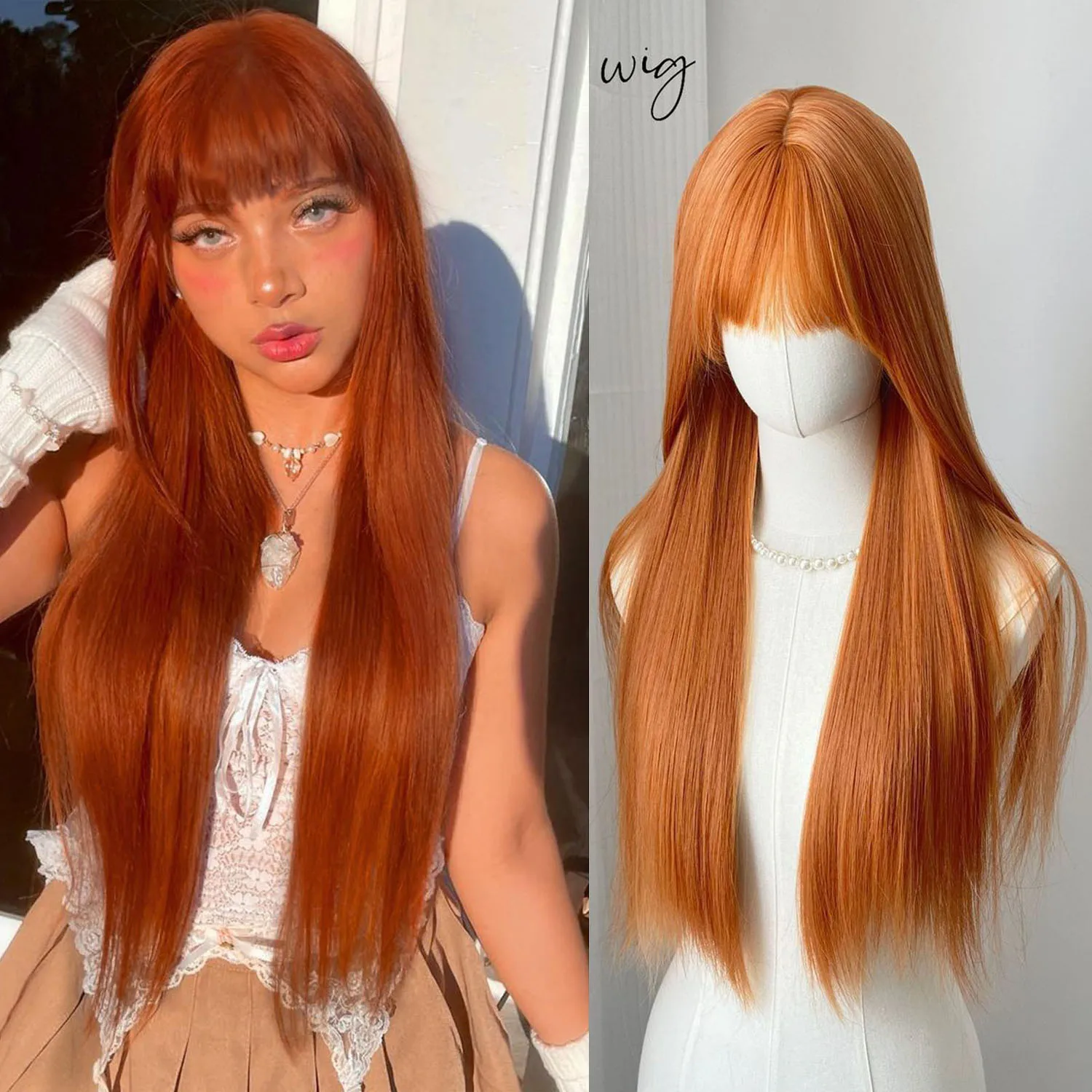 

Длинный прямой оранжевый парик с челкой для женщин, 24 дюйма, термостойкий синтетический парик для девочек, для повседневного использования, вечеринок, косплея, Хэллоуина