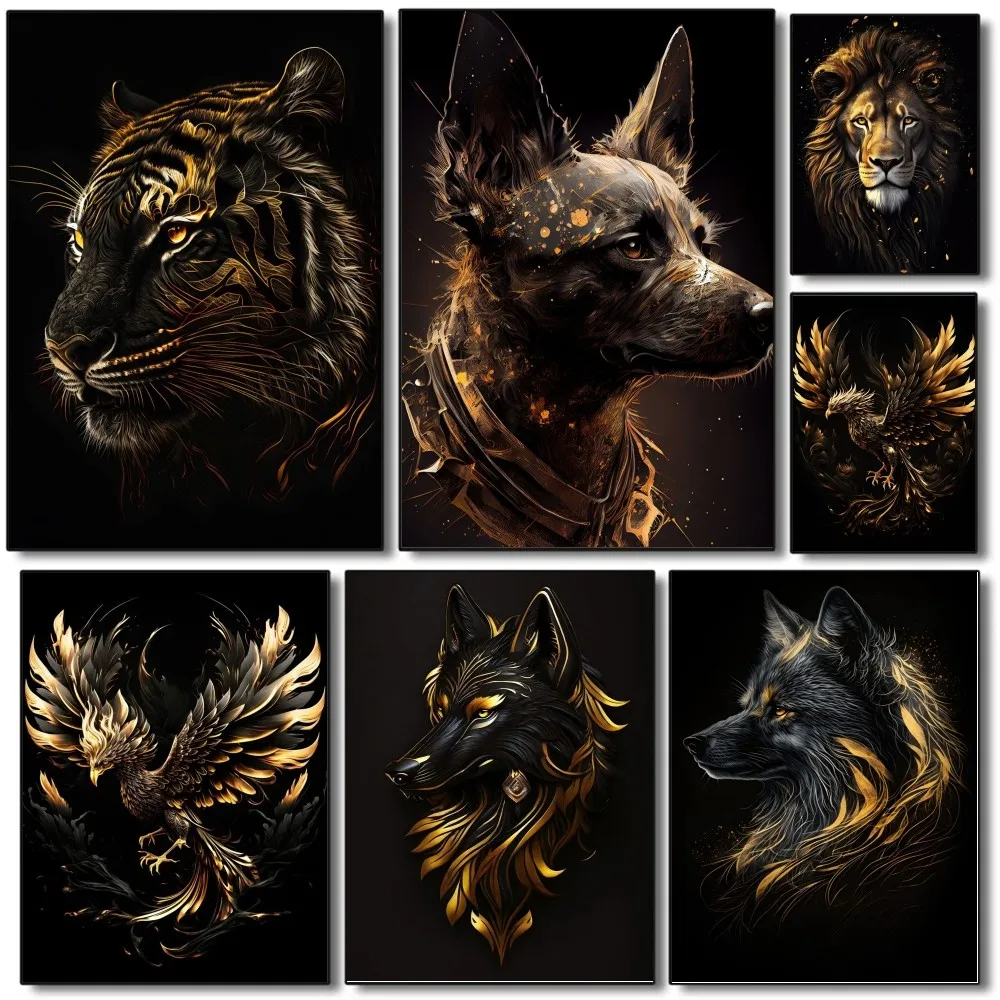 1PC Golden Lion Butterfly Wolf Tiger Poster Paper Home Living Room Entrance Bar Restaurant Art