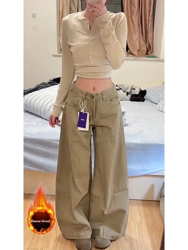 

Американская рабочая одежда цвета хаки в стиле ретро, женские джинсы Thiened Fce с высокой талией, повседневные широкие брюки для зимнего сезона