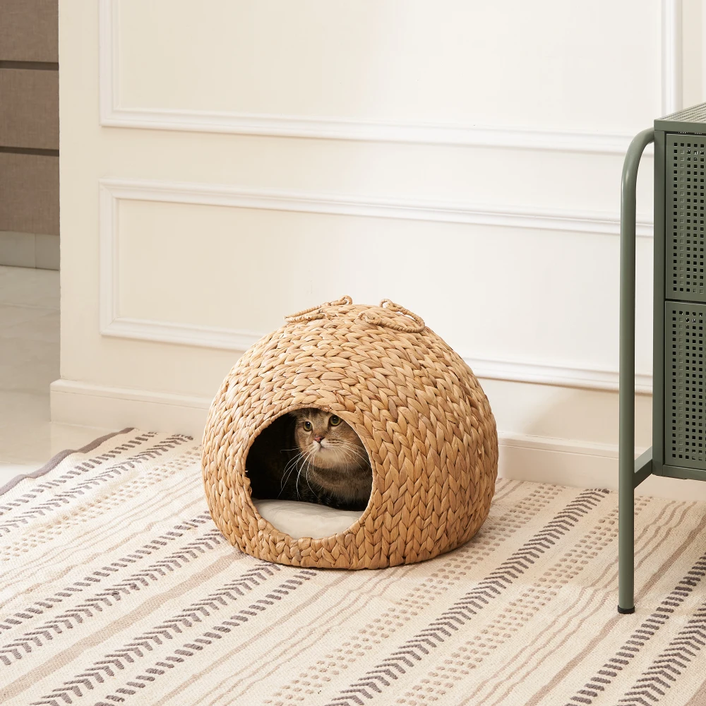 

Water Hyacinth Woven Wicker Round Cat Bed Cave with Handles 18" X 18" X 18" for Any Size Cat Breeds Chihuahua and Use Cat Tower