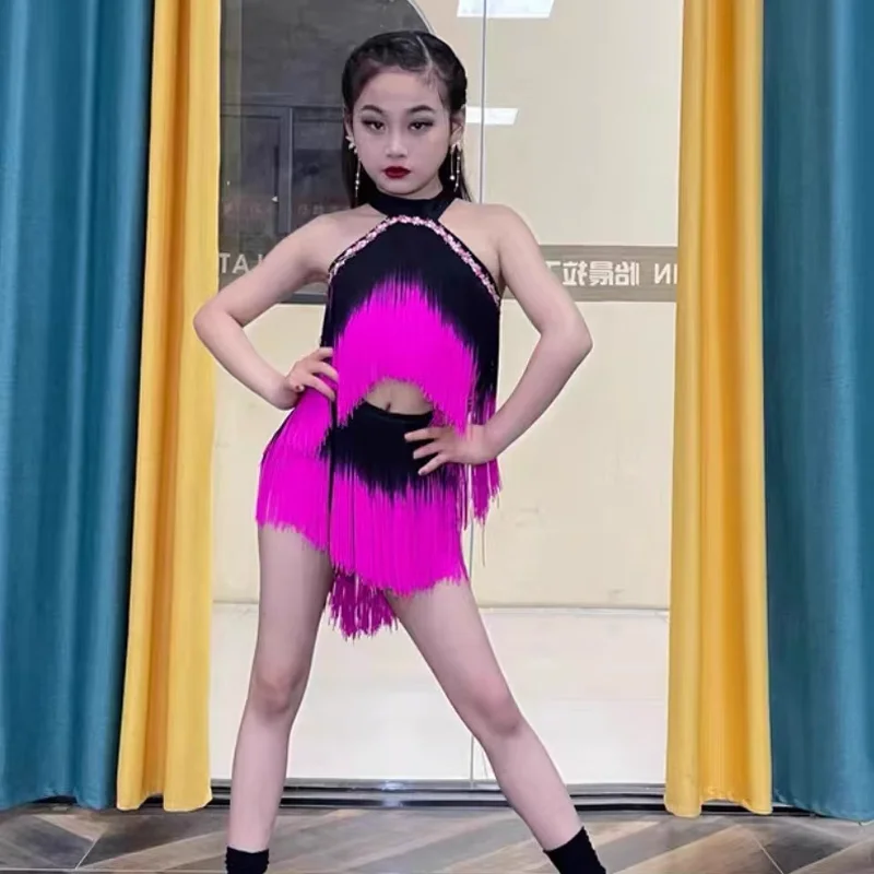 กระโปรงเด็ก Latin Ballroom Tango Dancewear ใหม่สีชมพูสีดํา Latin Fringes เต้นรําเครื่องแต่งกายหญิงละตินพู่ชุด