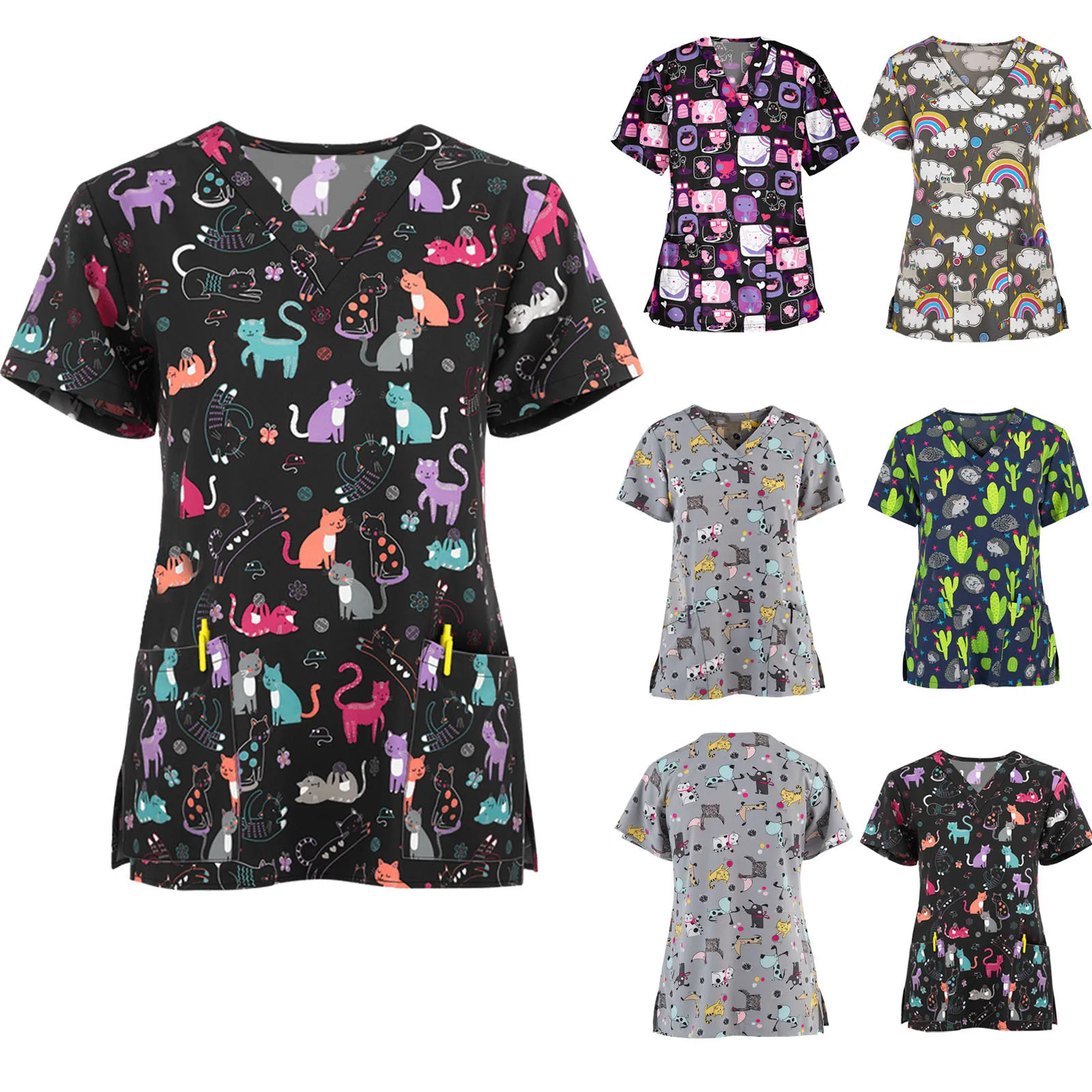 Summer Short Sleeve Printed V Neck Scrub Tops Women Printed Work Uniform Beauty Spa Nursing Blouse Dress Nurse Tunic Uniform