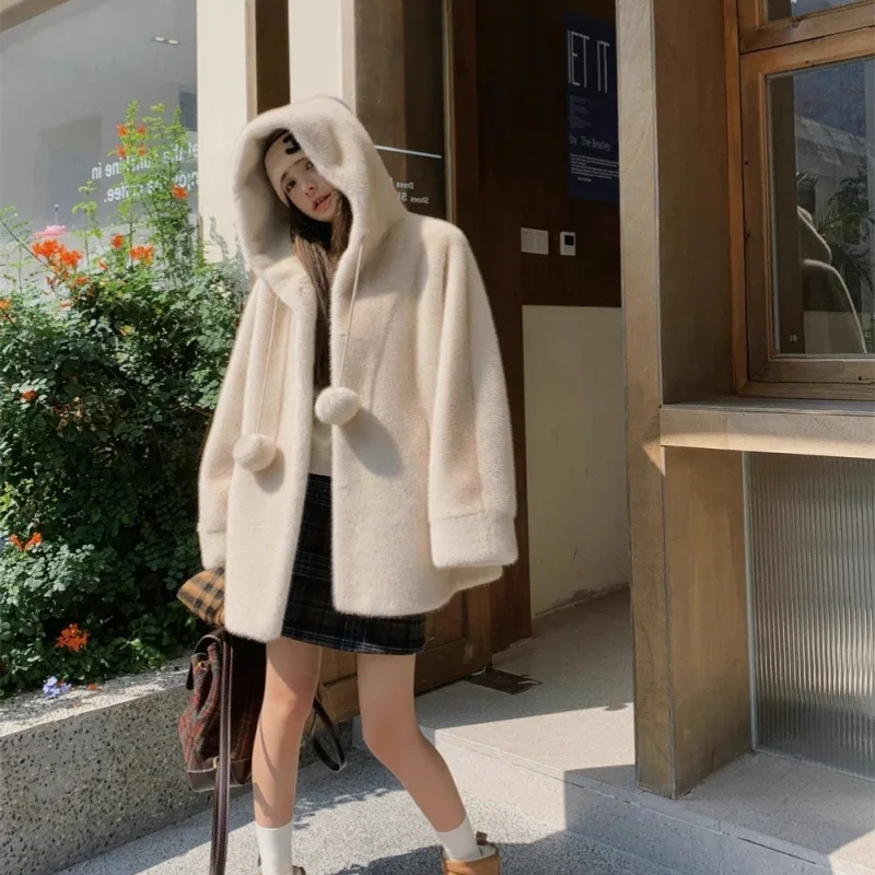 Female High Street Autumn Winter 2025 Women Faux Fur Jackets Hooded Coat Thick Warm Fluffy Hoodie Outerwear Shaggy Overcoat
