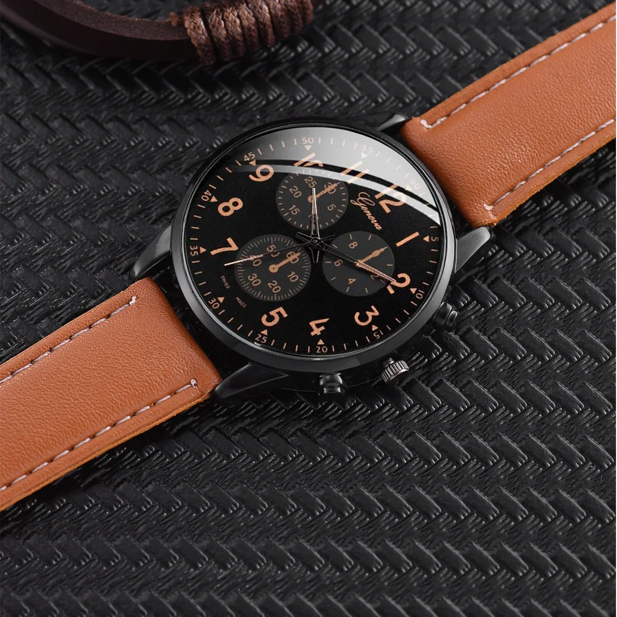 4Pcs/set Men's fashion Trend Brown PU leather quartz watch and bracelet set