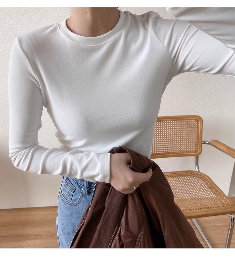  Faionable Thiened Double-sided Velvet round Ne Long Sve T-irt Women's Autumn Winter Base Layer irt Brued White 