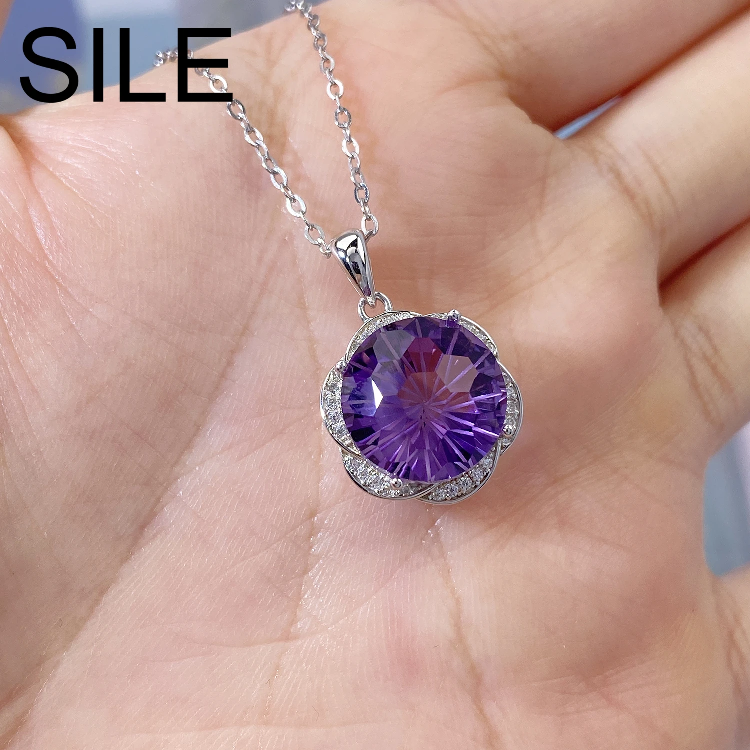 

SILE 6.5Ct Firework Cut Natural Amethyst Pendants Women s925 Sterling Silver Jewelry Gemstone Necklaces Party Dating Jewels Gift