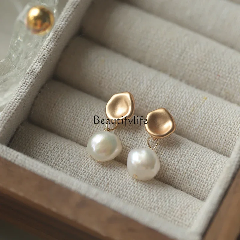 Retro special-shaped freshwater pearl stud earrings Baroque matte temperament unique earrings