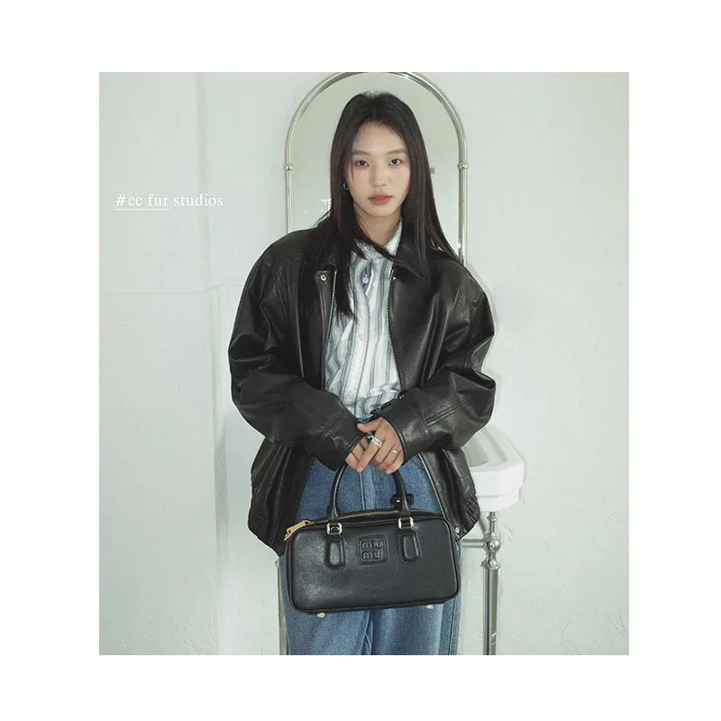 Nowa skórzana kurtka damska ze skóry owczej, wiosenna, na spotkanie gastronomiczne