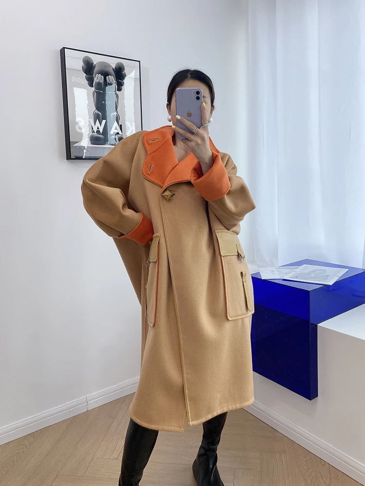 New Orange Cashmere Water Ripple Double Sided Cloth Coat Silhouette Long Fall Winter Coat Women