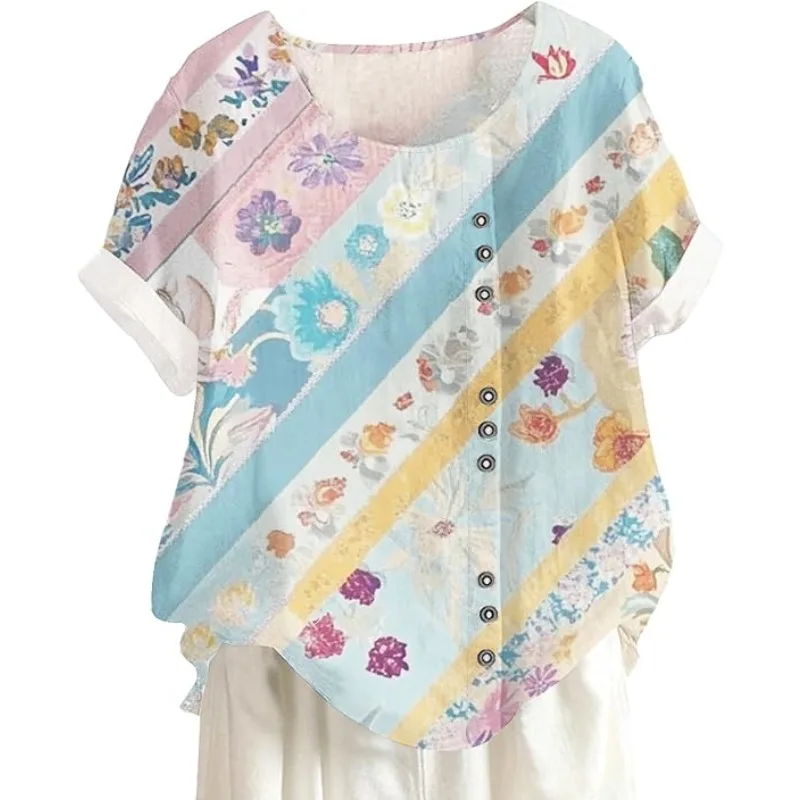 

2025 Summer Women's Vintage Fashion Printed Loose Casual Shirt Top Short Sleeve for Casual or Holiday Women's Beachwear Shirt