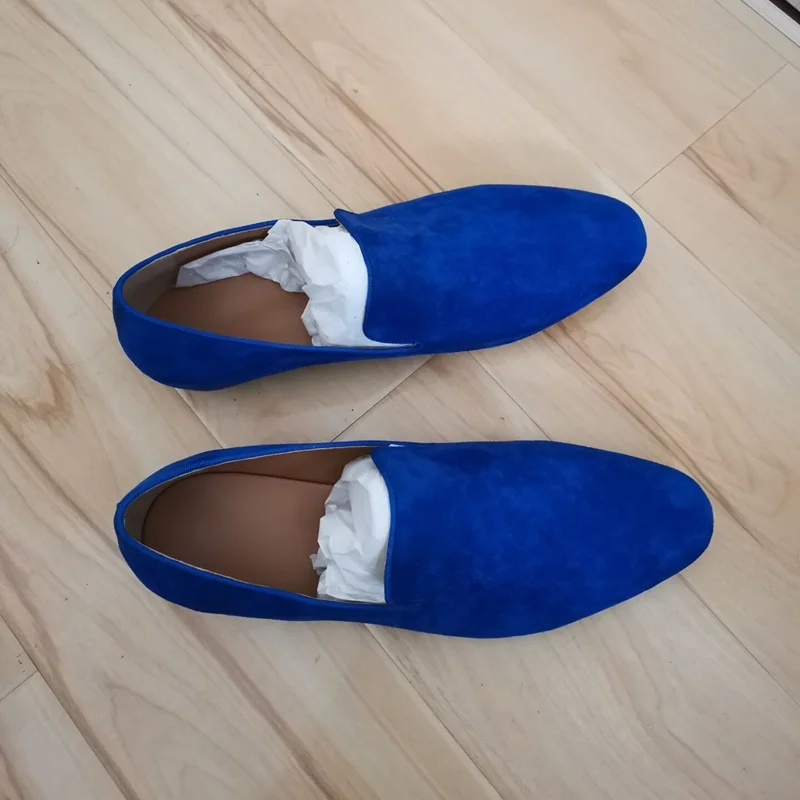 LOUBUTEN High Quality Royal Blue Suede Loafers Casual Leather Shoes Men Handmade Dress Shoes Men\'s Smoking Slippers