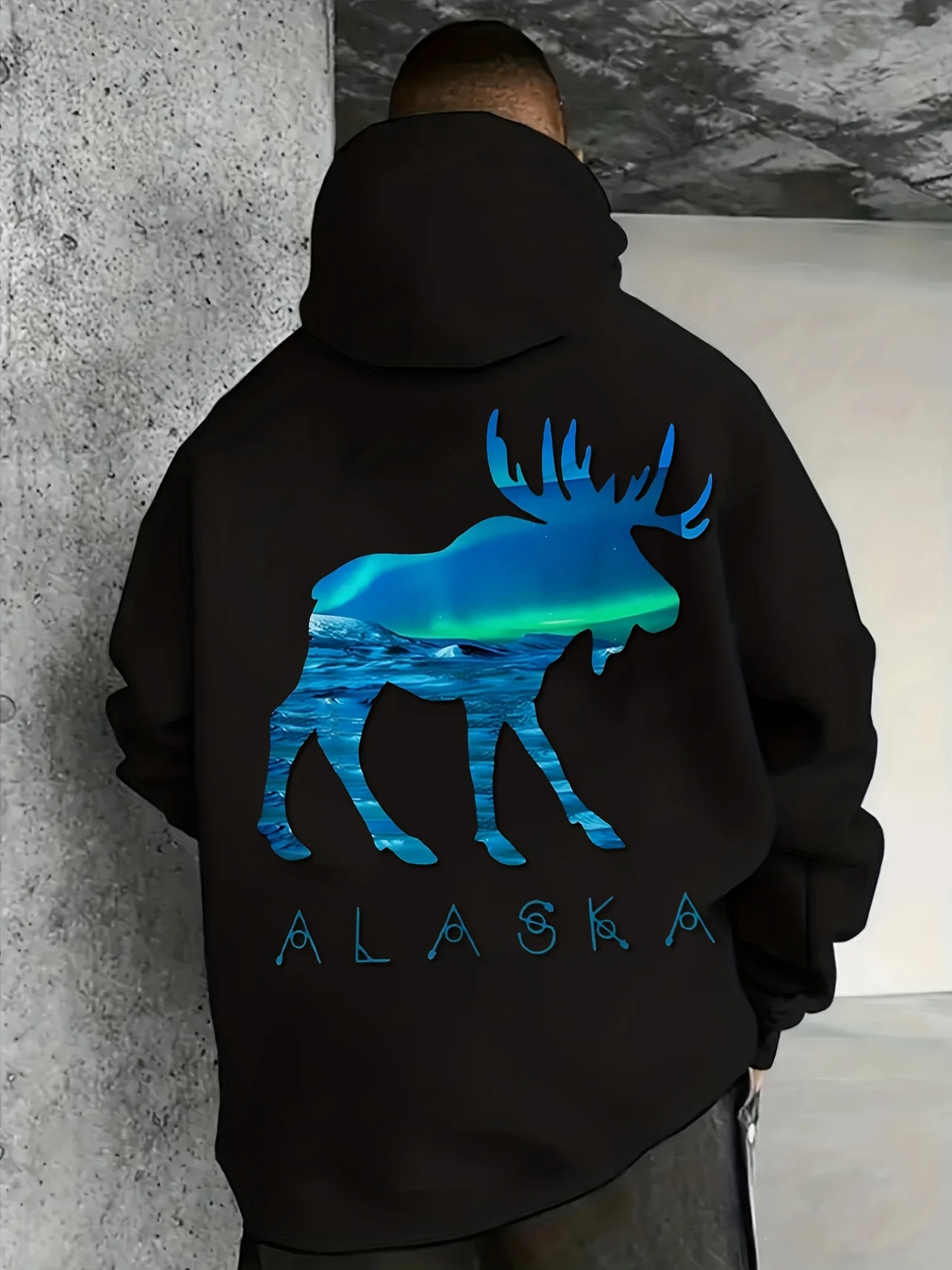 Men's Hooded Sweatshirt Deer Antelope Wildlife Mountain Range Aurora Pattern Print Long Sleeve Pullover Plus Size